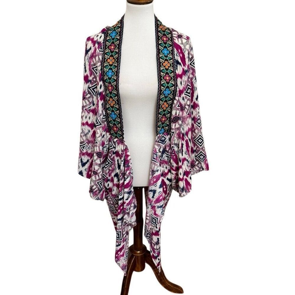NEW Altar’d State Ikat Floral Embroidered Kimono Cardigan Magenta Navy One Size
